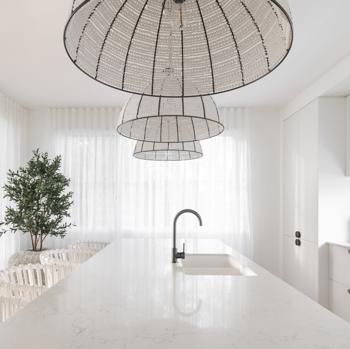 Estelle Beaded Dome Pendant Light - White/Matt Black