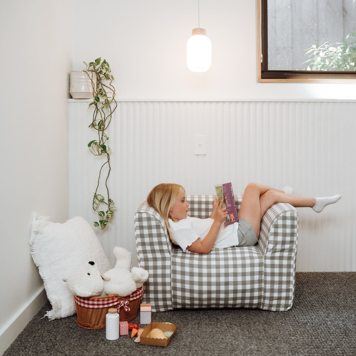 DreamPod® Kids Beanbag Chair - Grey Gingham