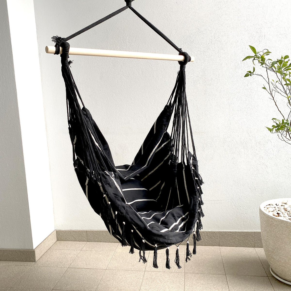 Soho Pinstripe Hanging Hammock Chair with Matching Cushions - Black