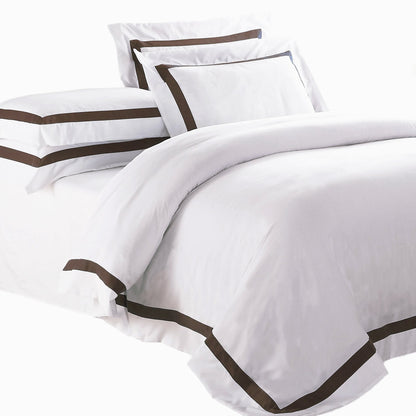 Ava Collection White Quilt Cover Set - Brown Trim