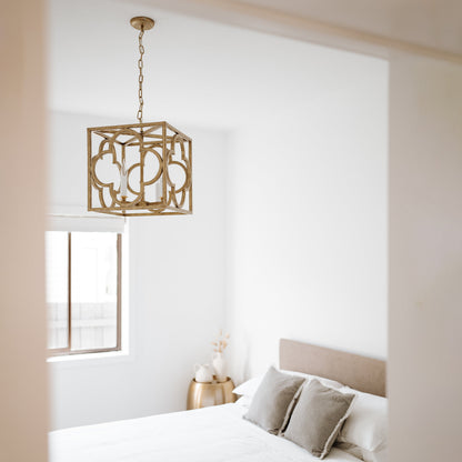 Venetia Modern Detailed Box Frame Lantern Pendant Light - Gold