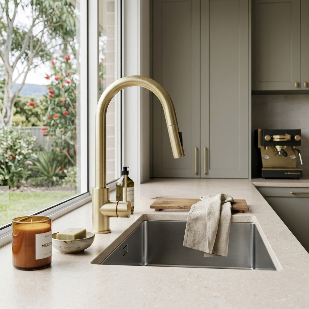 Reno Pull-Out Kitchen Mixer - Brushed Brass