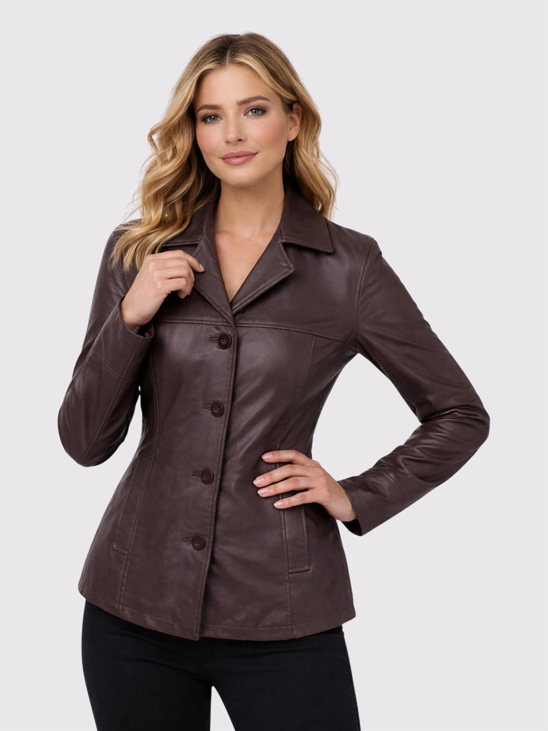 Amelia Luxe Brown Leather Blazer Coat