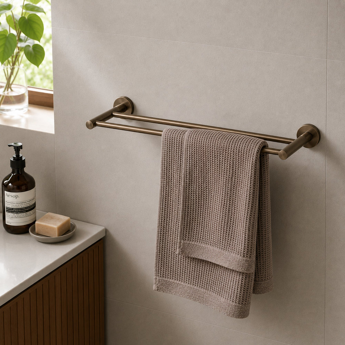 Reno Double Towel Rail - Antique Brass