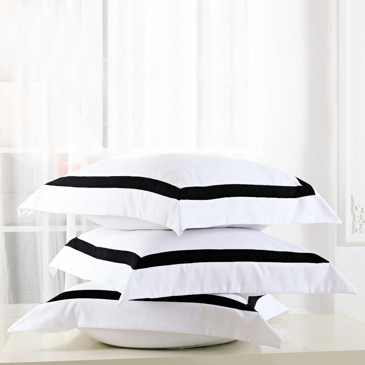 Ava Collection White European Pillowcase Set - Black Trim