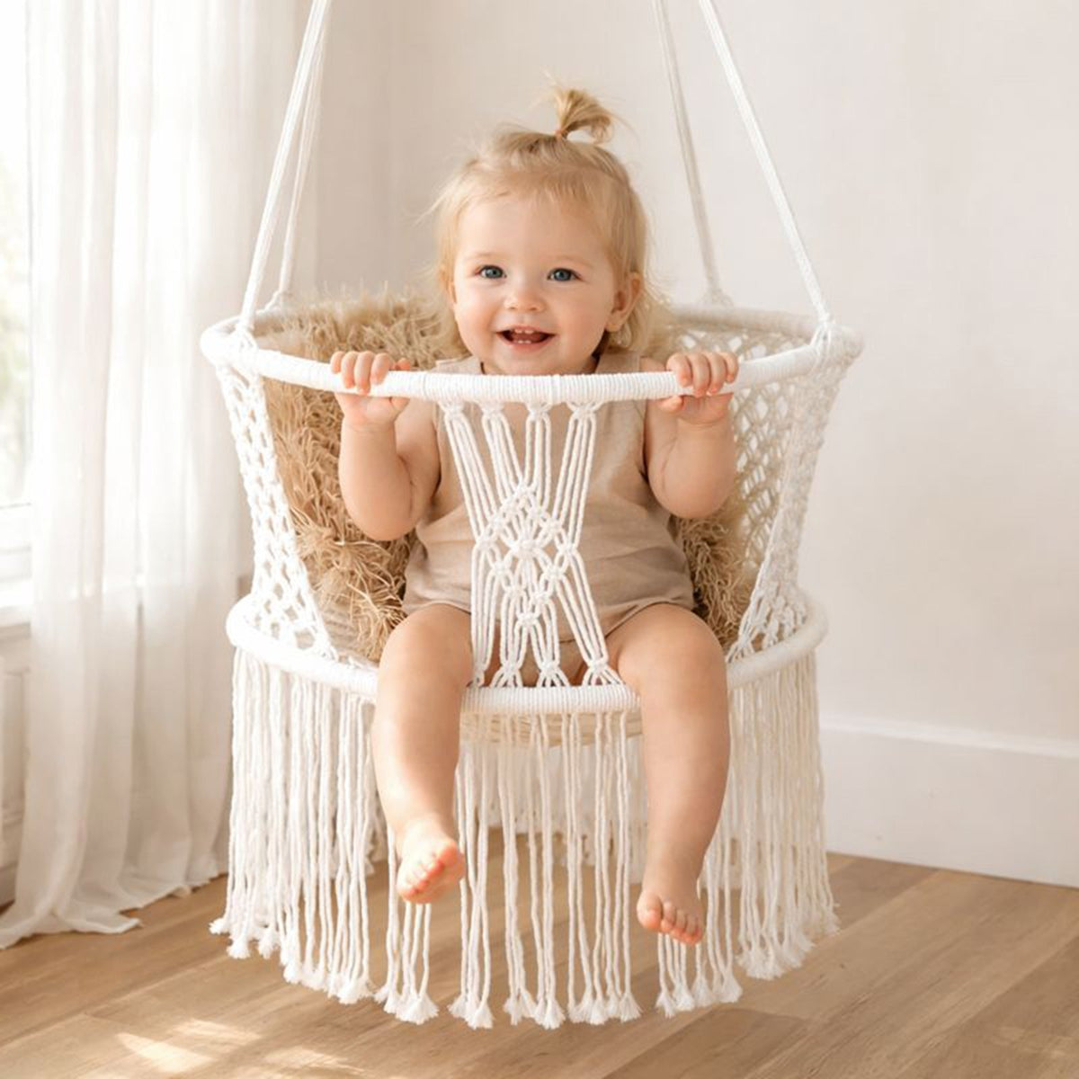Baby Swing Chair Macrame Hanging Hammock - Cream