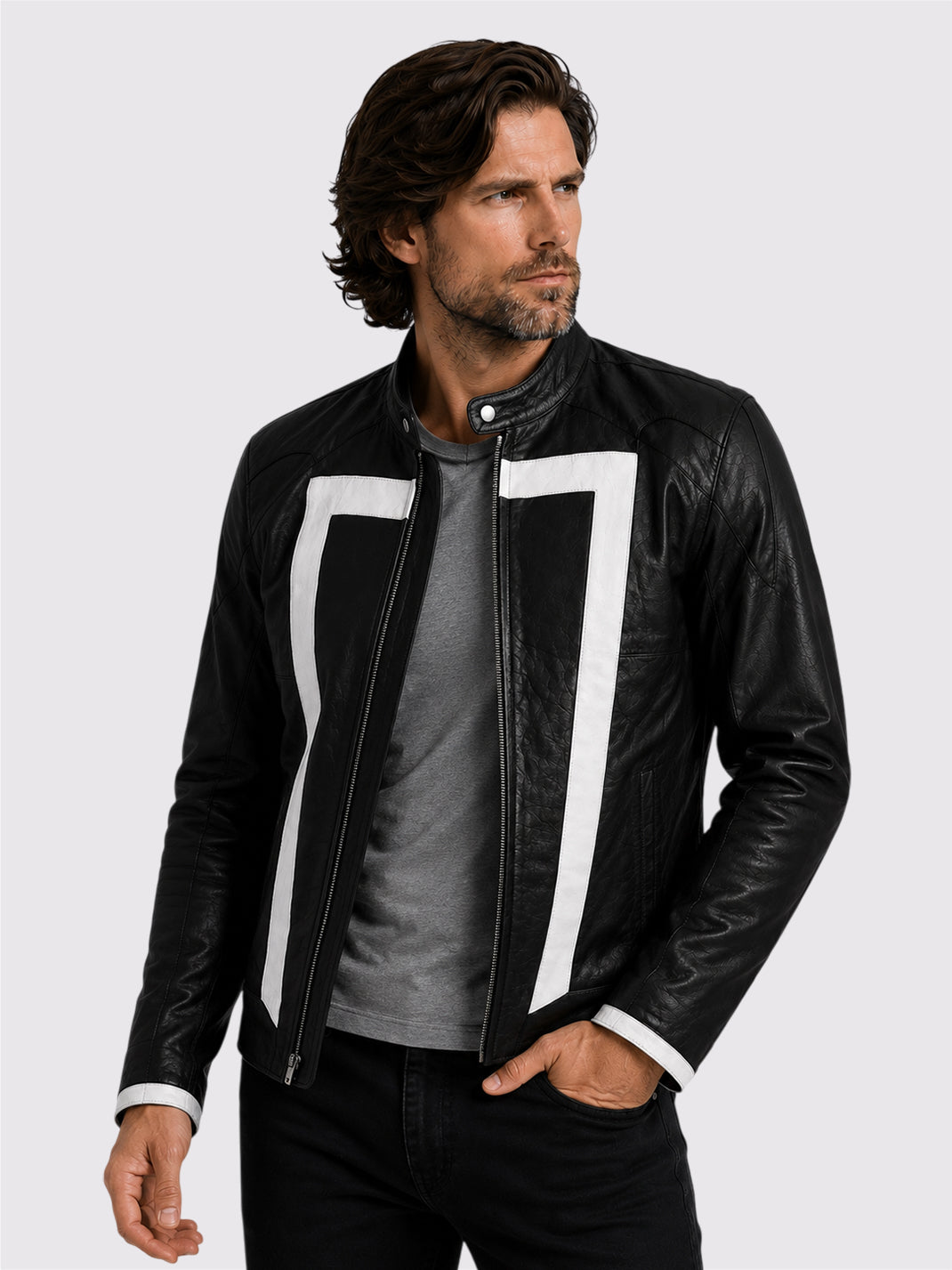 Black and White Leather Motorcycle Jacket