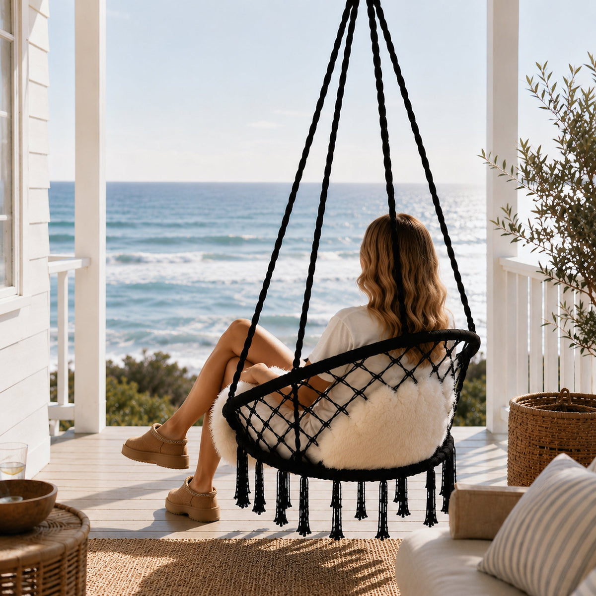 Madrid Macrame Hanging Chair Swing - Black