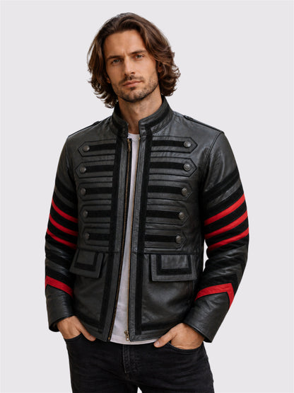 Black Military Men's Fitted Leather Jacket