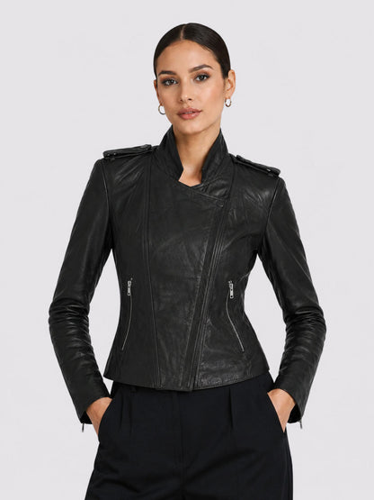 Black Strike Women's Leather Biker Jacket