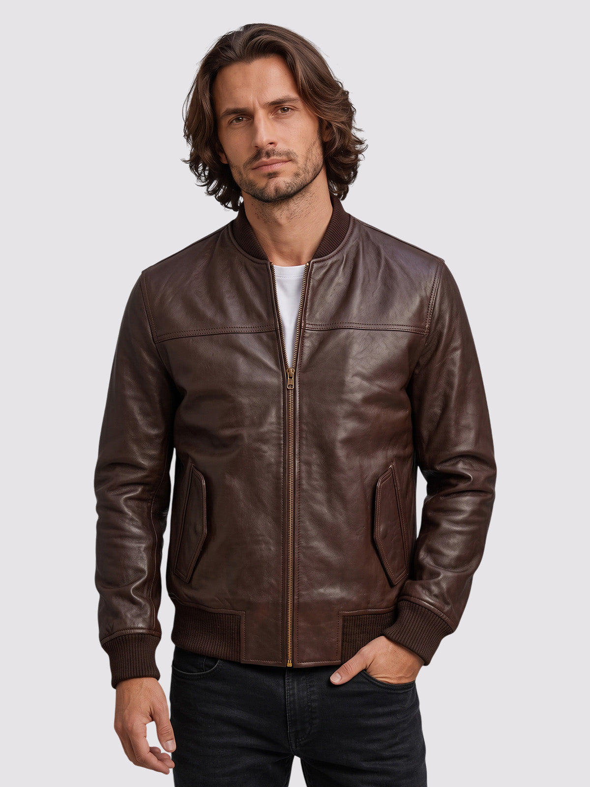 Brown Leather Bomber Sheep Jacket