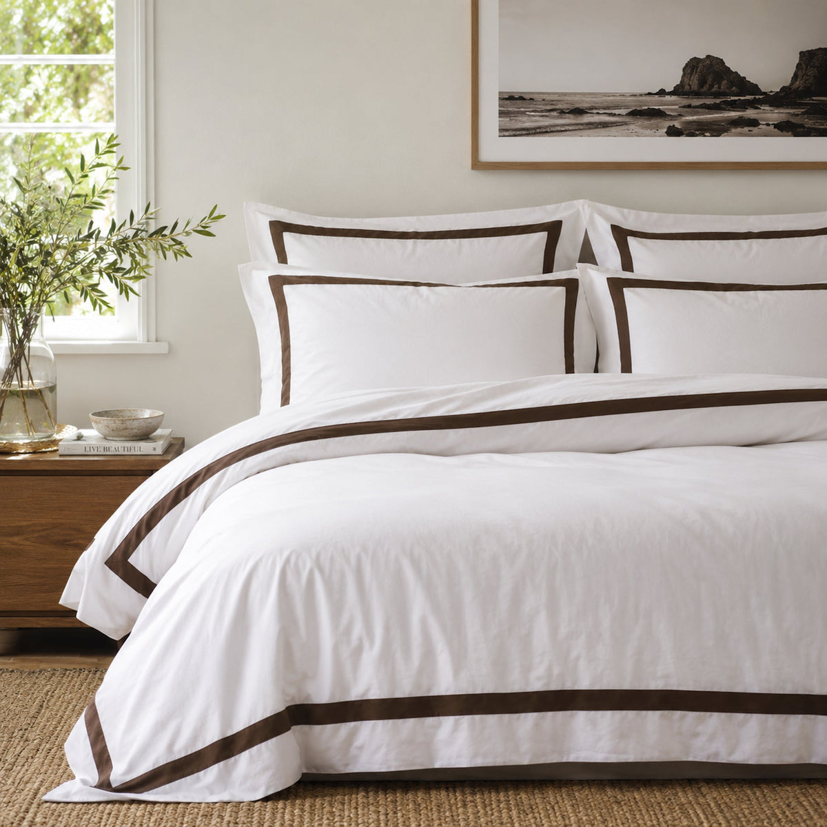 Ava Collection White Quilt Cover Set - Brown Trim