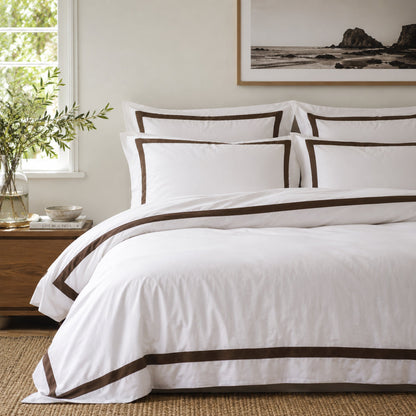 Ava Collection White Quilt Cover Set - Brown Trim