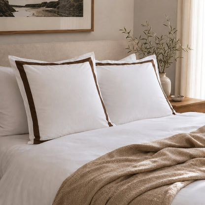 Ava Collection White European Pillowcase Set - Brown Trim