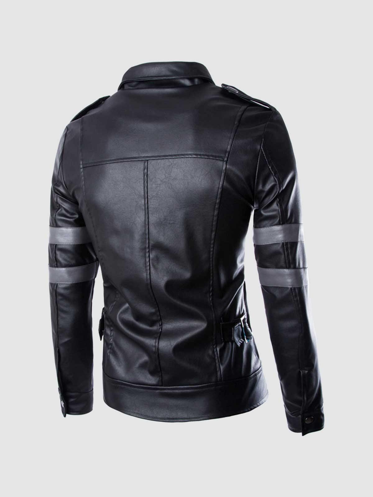 Black Leather Jacket with Gray Stripes