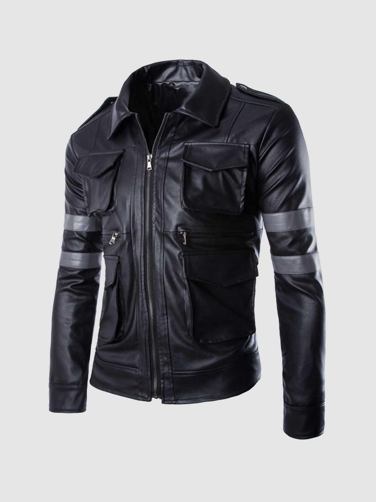 Black Leather Jacket with Gray Stripes