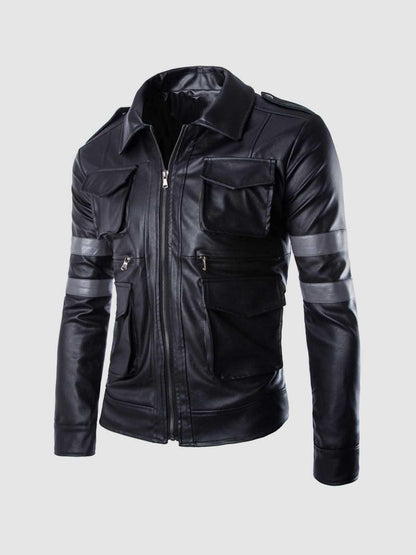 Black Leather Jacket with Gray Stripes