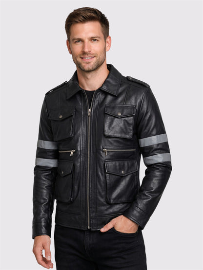 Black Leather Jacket with Gray Stripes