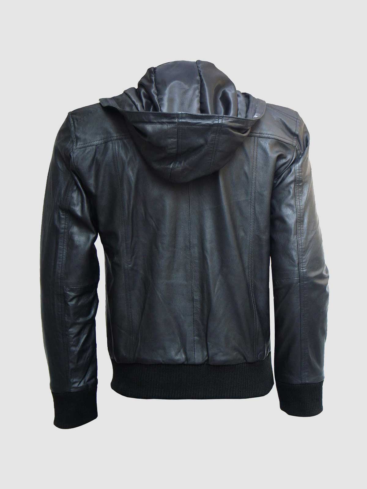 Black Leather Hooded Bomber Jacket