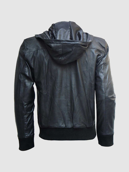 Black Leather Hooded Bomber Jacket