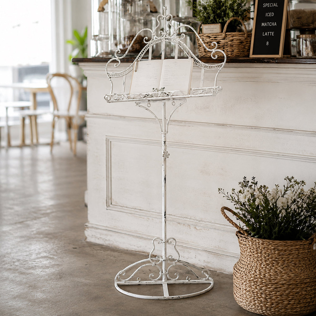 Ornate Metal Music, Book or Menu Stand - Shabby Chic White