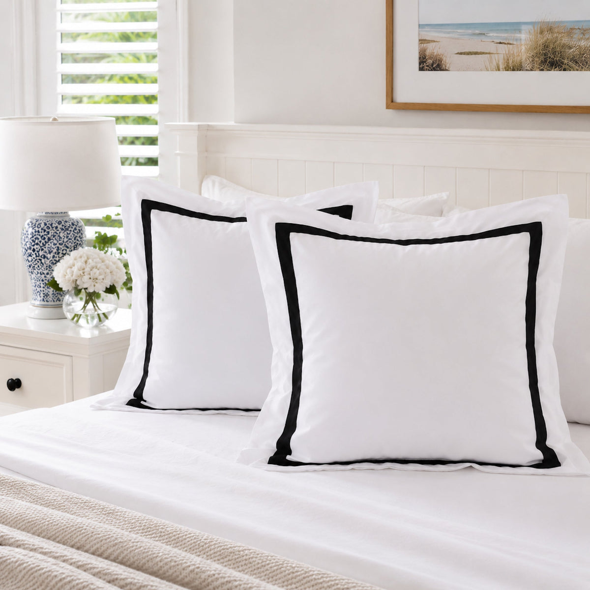 Ava Collection White European Pillowcase Set - Black Trim