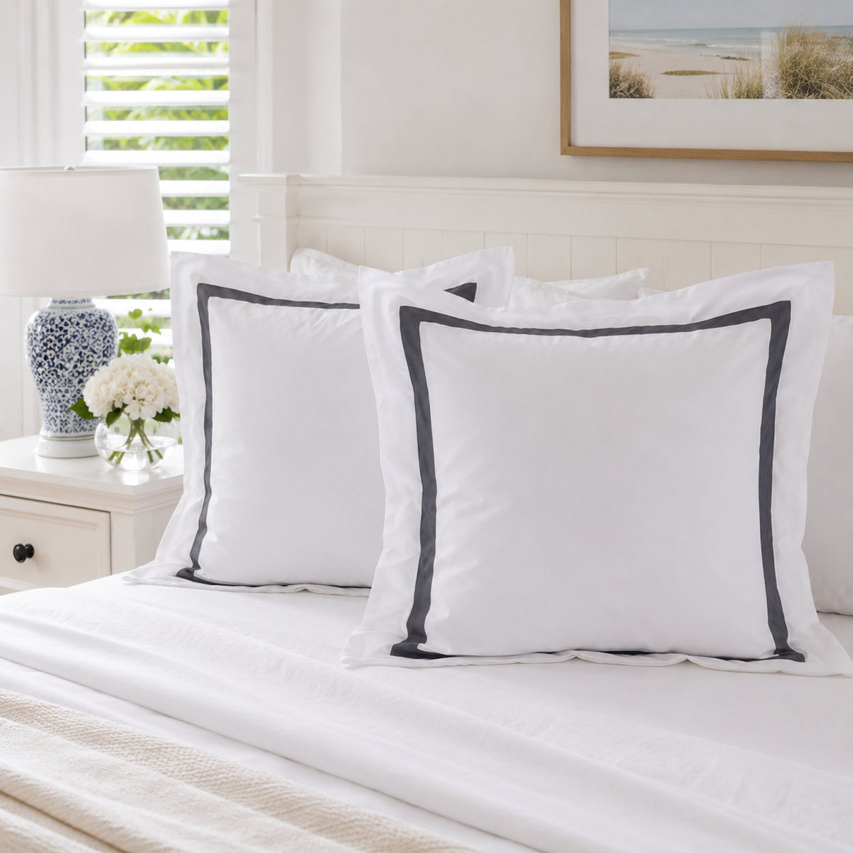 Ava Collection White European Pillowcase Set - Charcoal Trim
