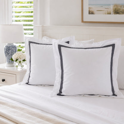 Ava Collection White European Pillowcase Set - Charcoal Trim